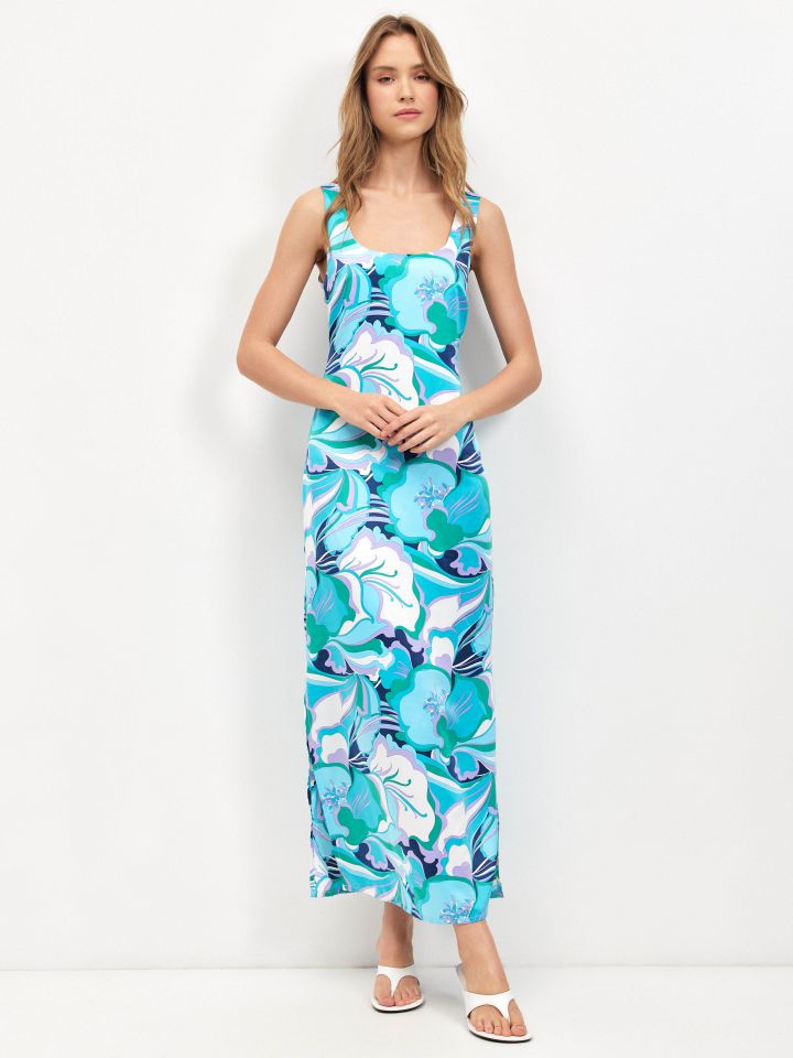 שמלה דפוס סטן PROMO בצבע טורקיז