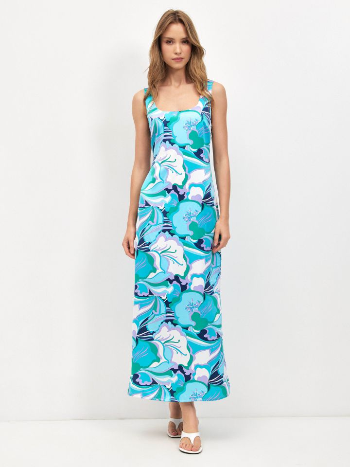 שמלה דפוס סטן PROMO בצבע טורקיז