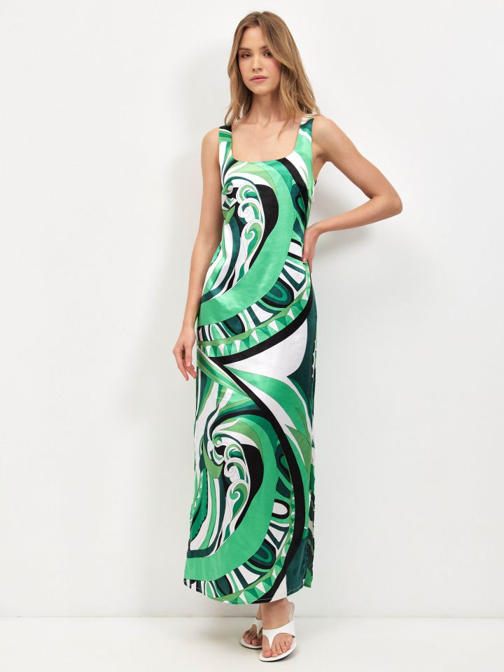 שמלה דפוס סטן PROMO בצבע ירוק