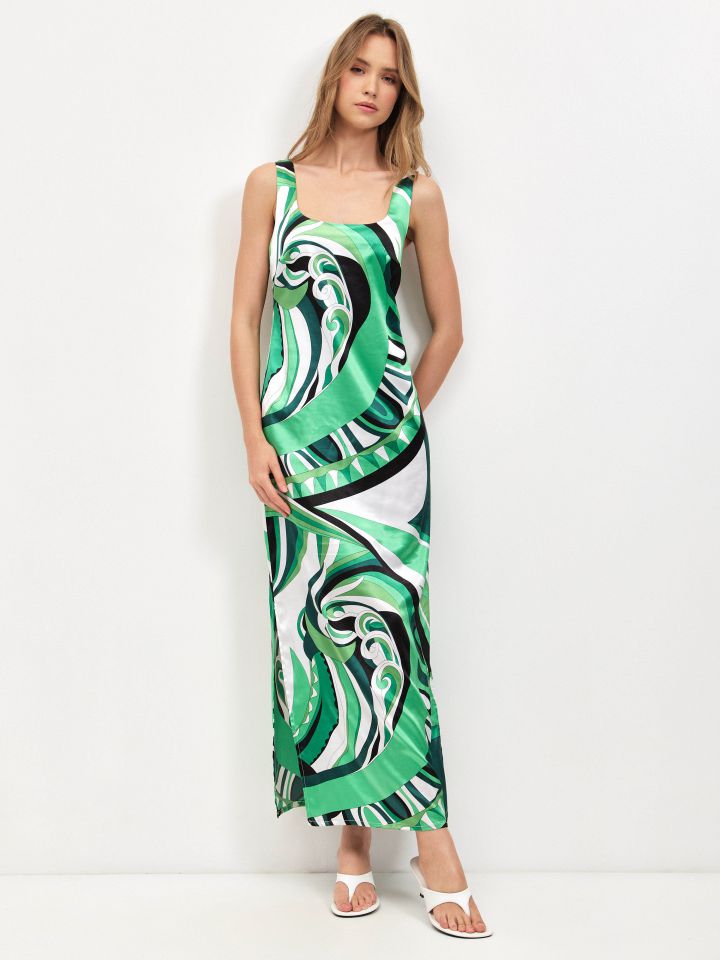 שמלה דפוס סטן PROMO בצבע ירוק