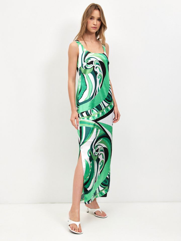 שמלה דפוס סטן PROMO בצבע ירוק