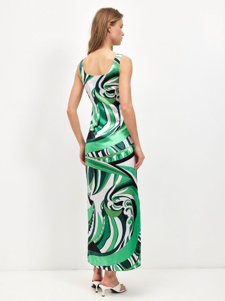 שמלה דפוס סטן PROMO בצבע ירוק