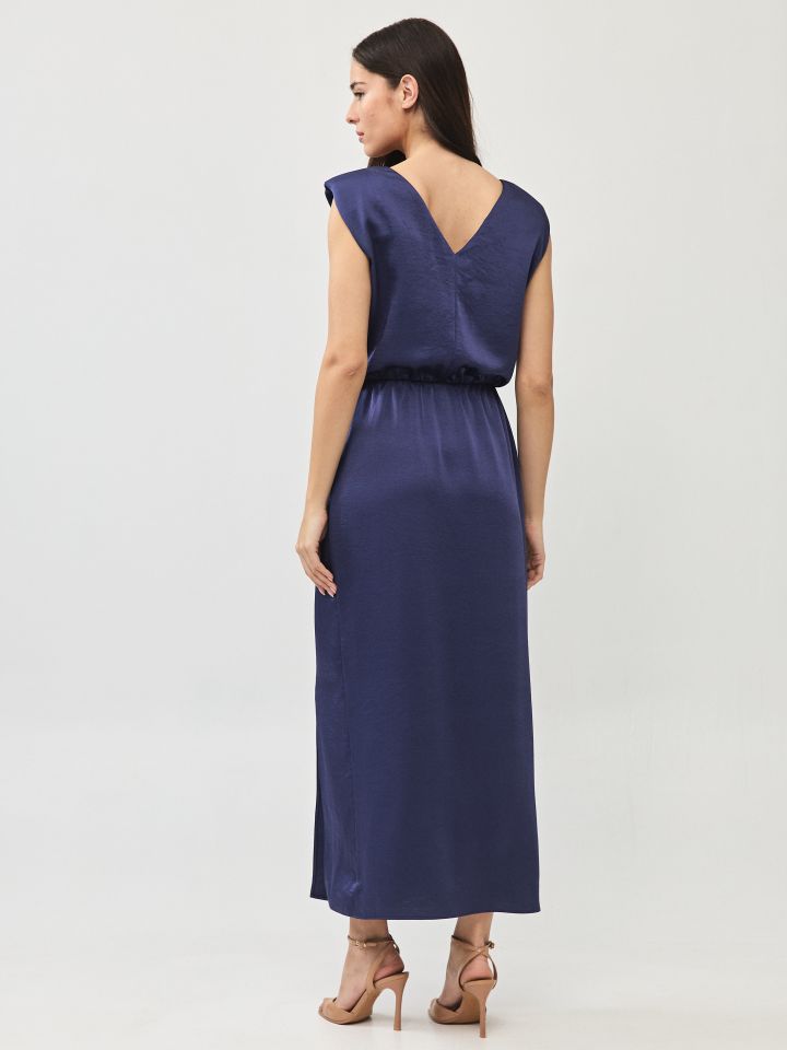 שמלה סטן כפתורים בכתף בצבע נייבי