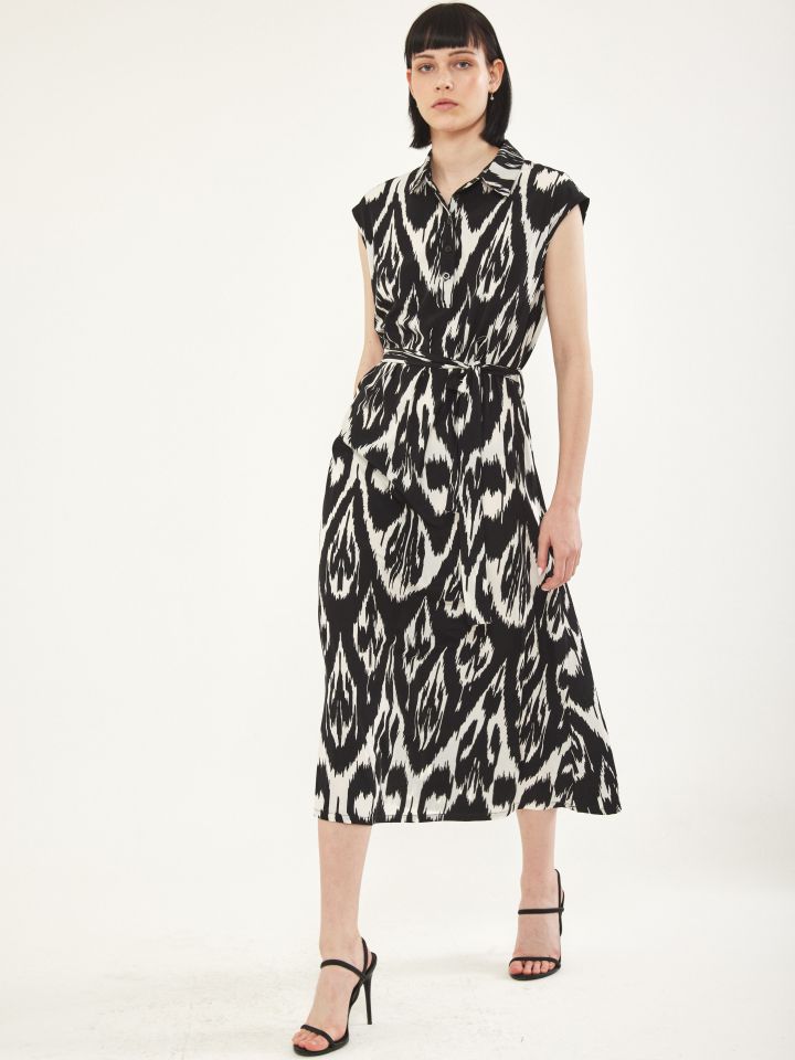 שמלה דפוס צוארון PROMO בצבע שחור/לבן