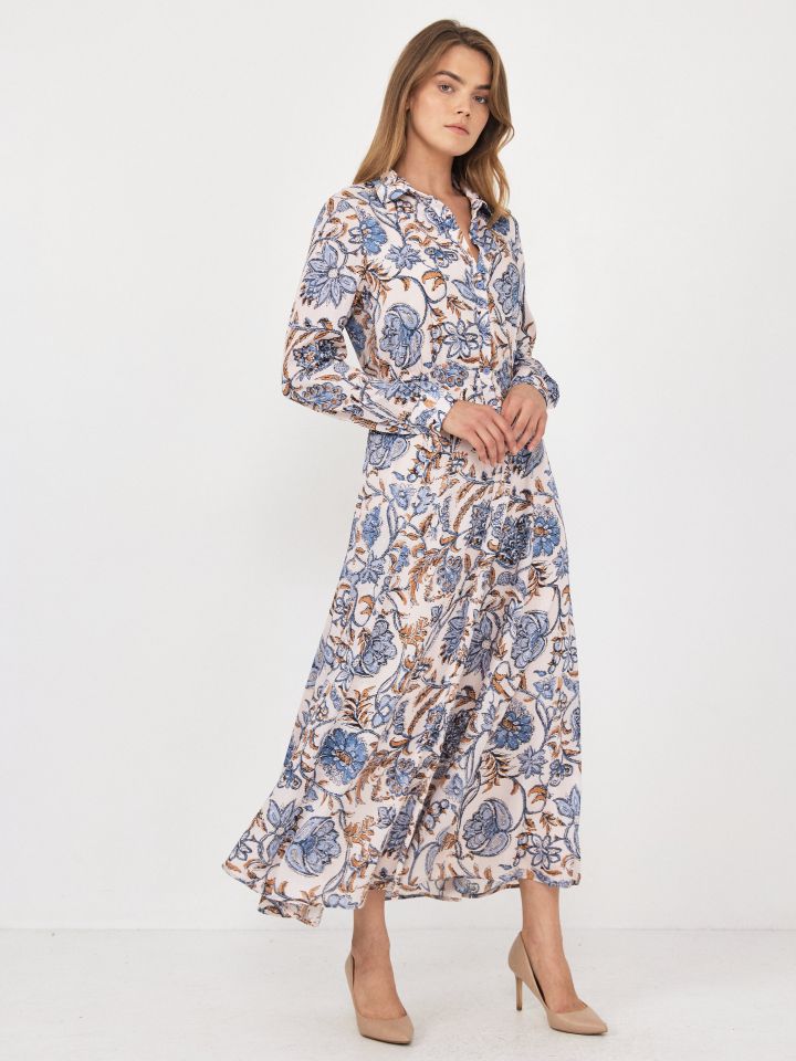 שמלה דפוס שינה שרוול ארוך בצבע תכלת