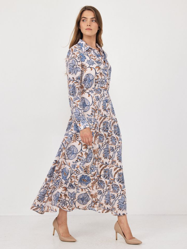 שמלה דפוס שינה שרוול ארוך בצבע תכלת