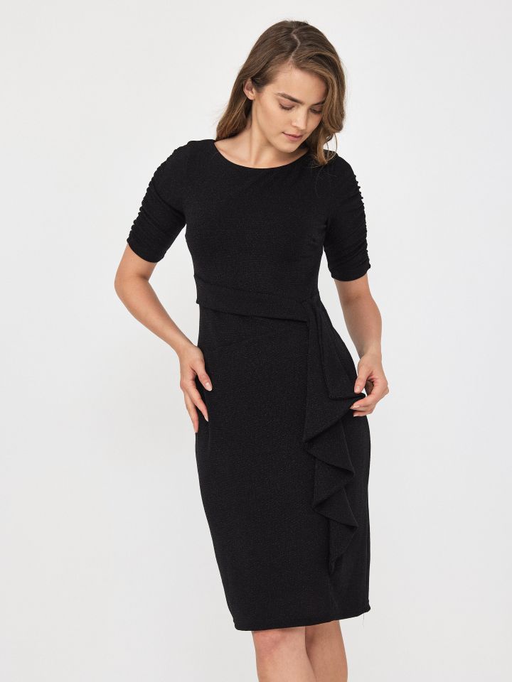 שמלה לורקס כיווץ בשרוול בצבע שחור