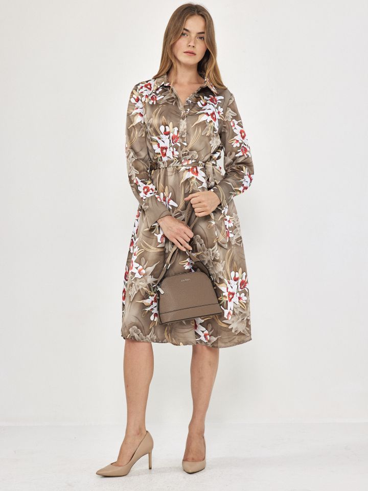 שמלה דפוס חגורה קשירה בצבע זית