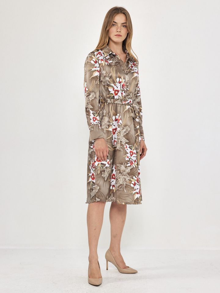 שמלה דפוס חגורה קשירה בצבע זית