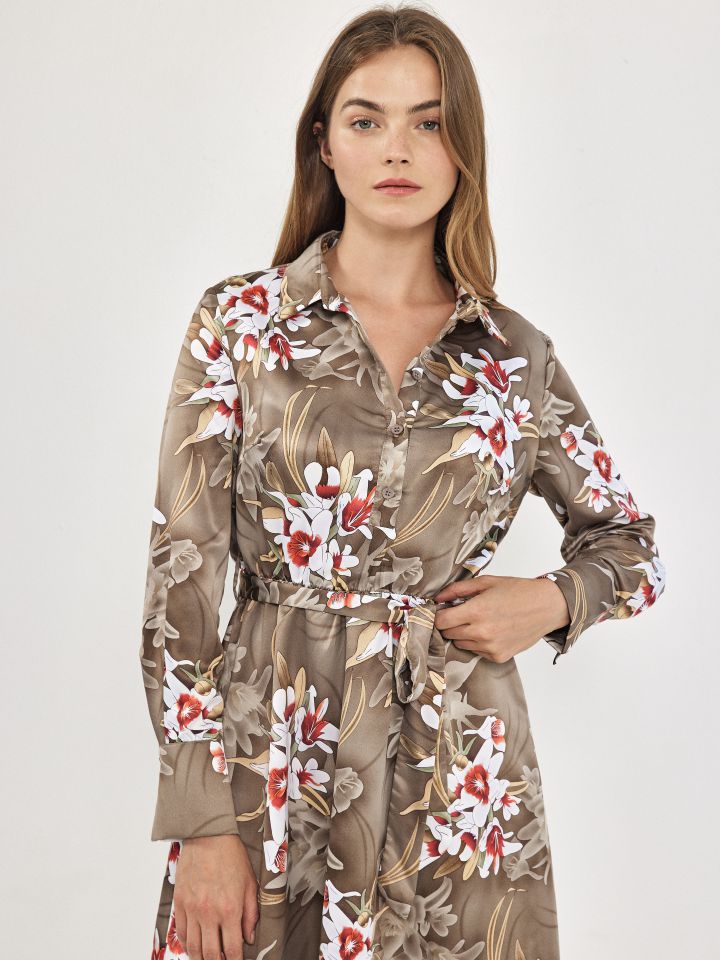 שמלה דפוס חגורה קשירה בצבע זית