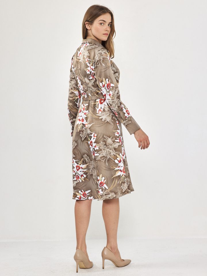 שמלה דפוס חגורה קשירה בצבע זית