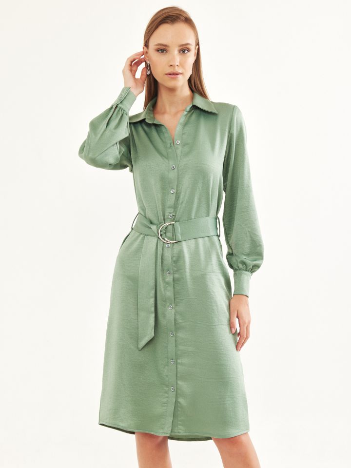 שמלה צוארון + חגורה קשירה בצבע ירוק בהיר