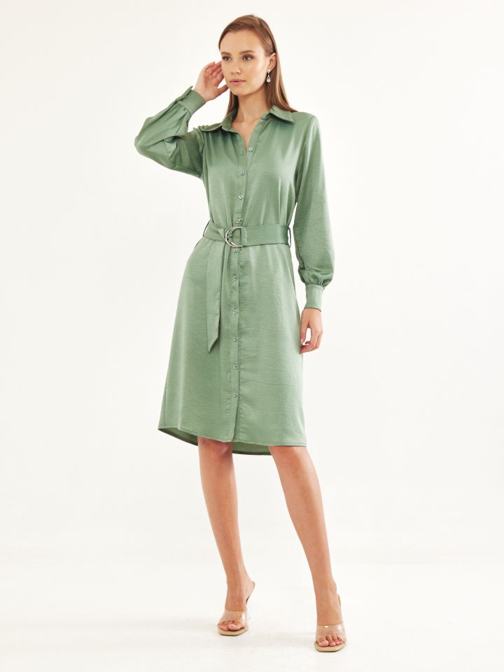 שמלה צוארון + חגורה קשירה בצבע ירוק בהיר