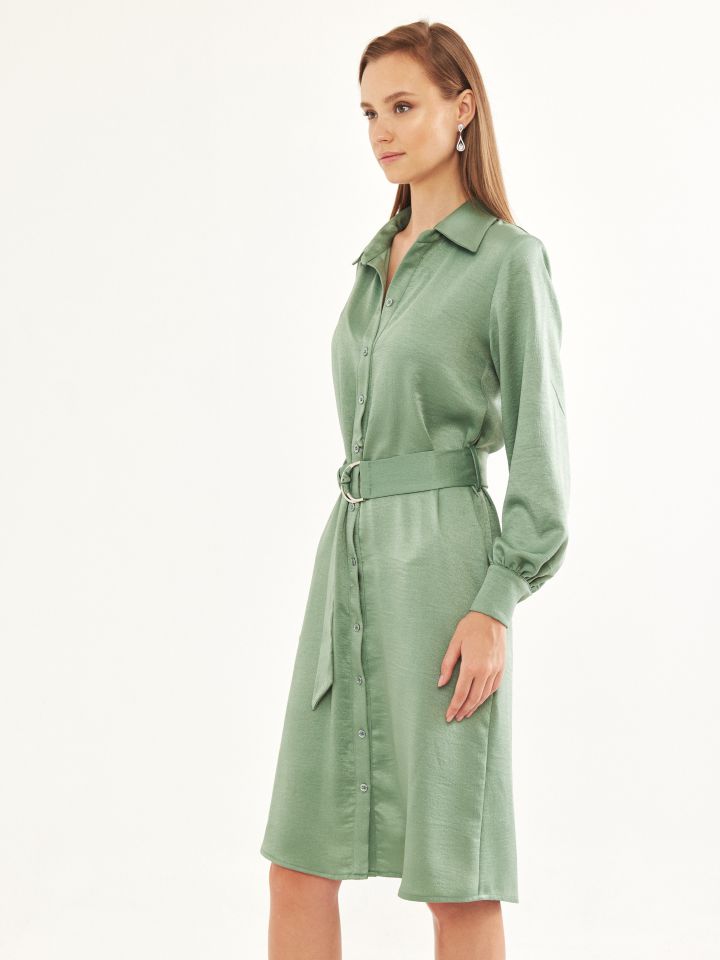 שמלה צוארון + חגורה קשירה בצבע ירוק בהיר