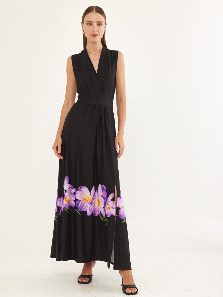 שמלה מקסי דפוס בצבע סגול