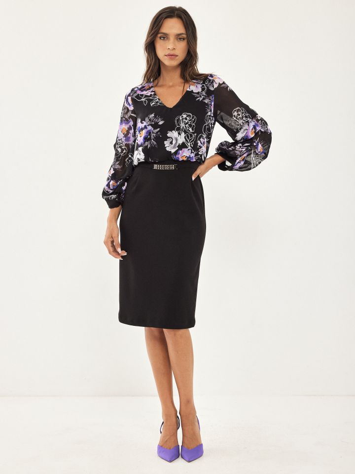 שמלה שילוב דפוס בצבע שחור