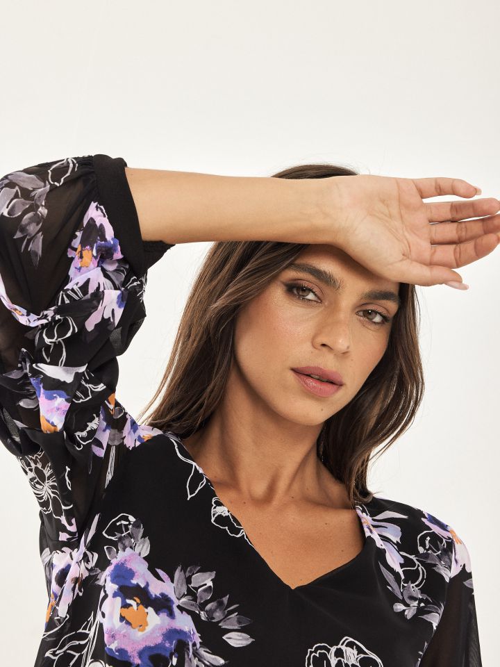 שמלה שילוב דפוס בצבע שחור