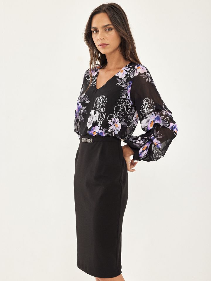 שמלה שילוב דפוס בצבע שחור