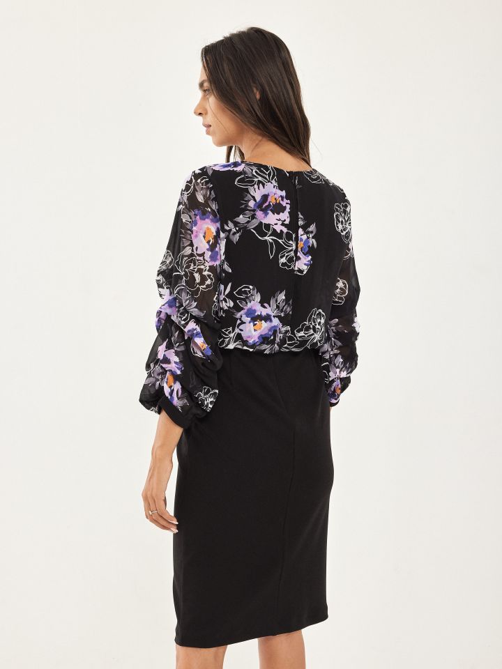 שמלה שילוב דפוס בצבע שחור