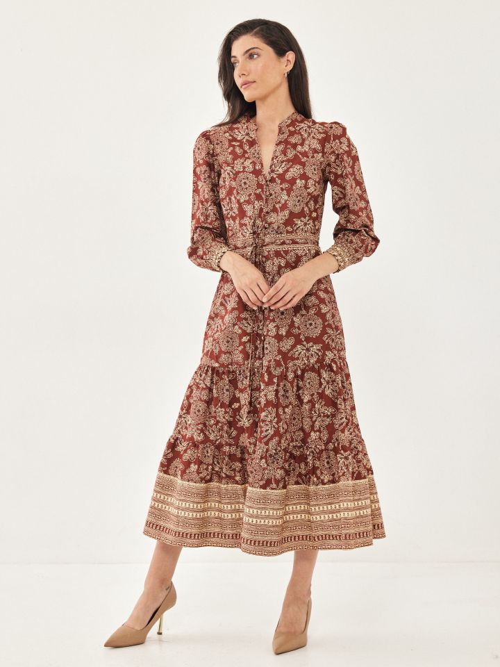 שמלה דפוס בורדורה בצבע חמרה