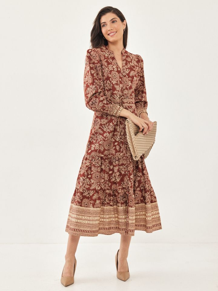 שמלה דפוס בורדורה בצבע חמרה