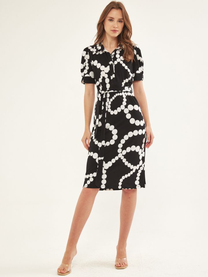 שמלה דפוס חגורה בצבע שחור