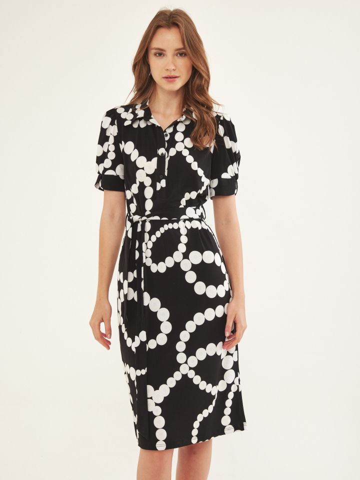 שמלה דפוס חגורה בצבע שחור