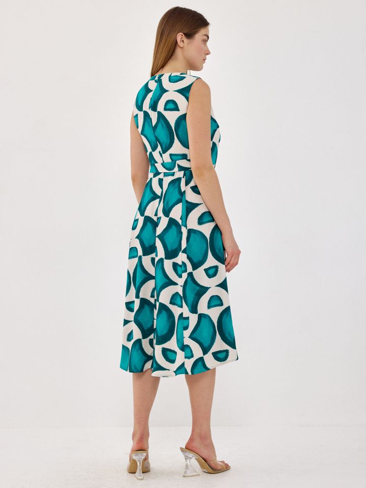 שמלה דפוס חגורה קשירה בצבע טורקיז