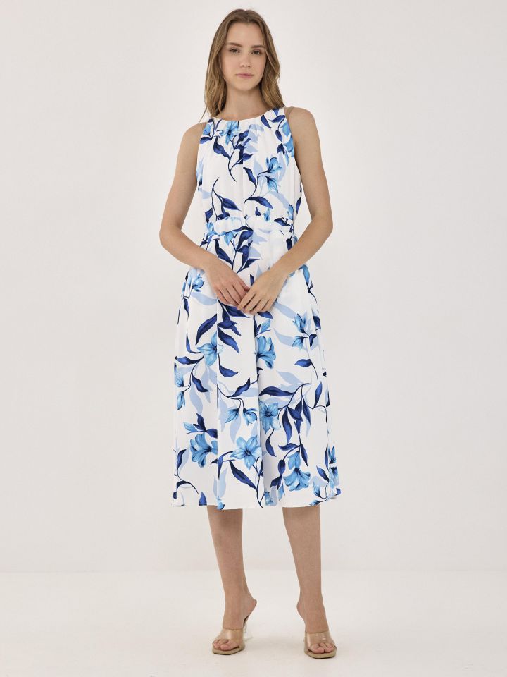 שמלה דפוס פרחים קשירה בגב בצבע כחול/לבן