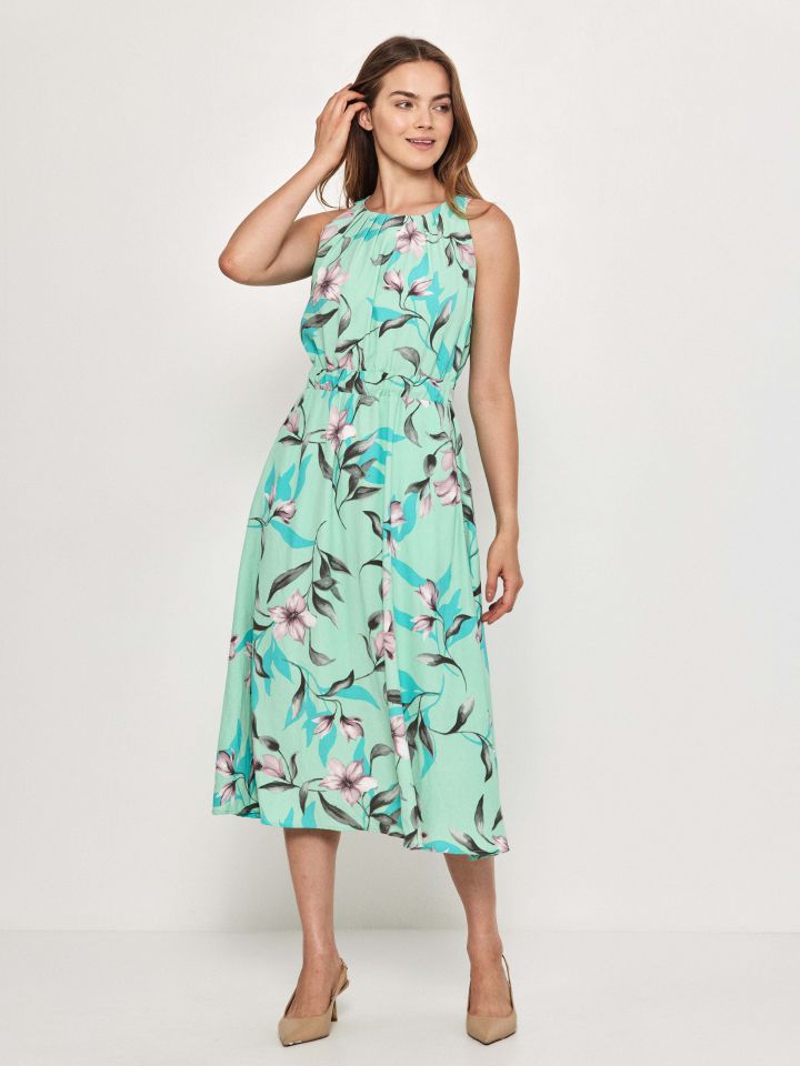 שמלה דפוס פרחים קשירה בגב בצבע ירוק