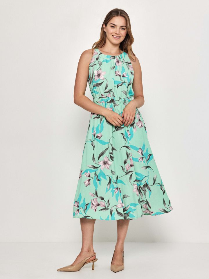 שמלה דפוס פרחים קשירה בגב בצבע ירוק