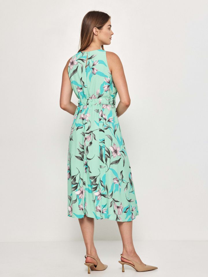 שמלה דפוס פרחים קשירה בגב בצבע ירוק