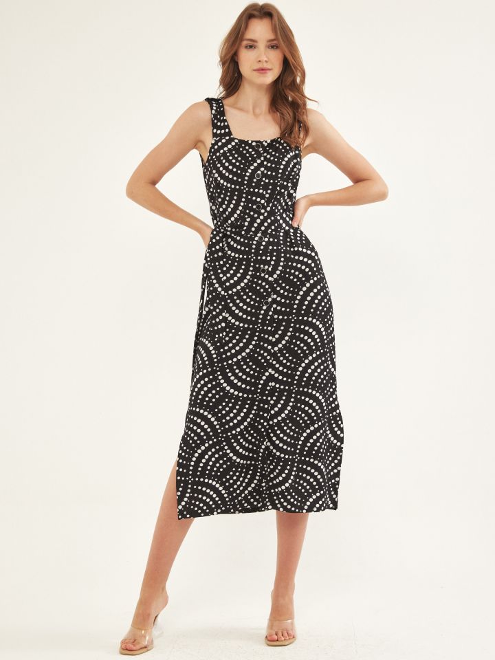 שמלה כפתורים + חגורה נקודות בצבע שחור