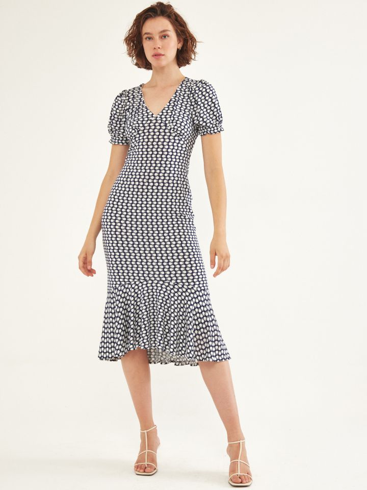 שמלה V דפוס נקודות בצבע נייבי