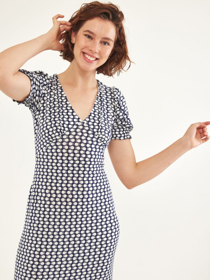 שמלה V דפוס נקודות בצבע נייבי