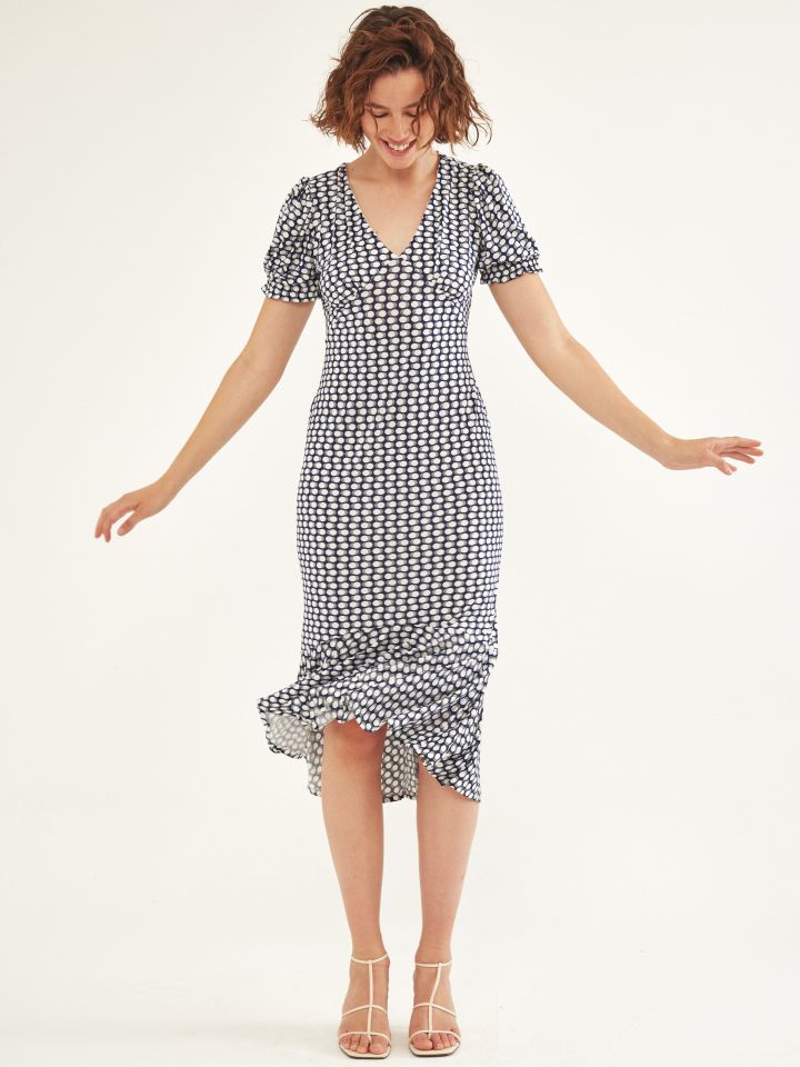 שמלה V דפוס נקודות בצבע נייבי