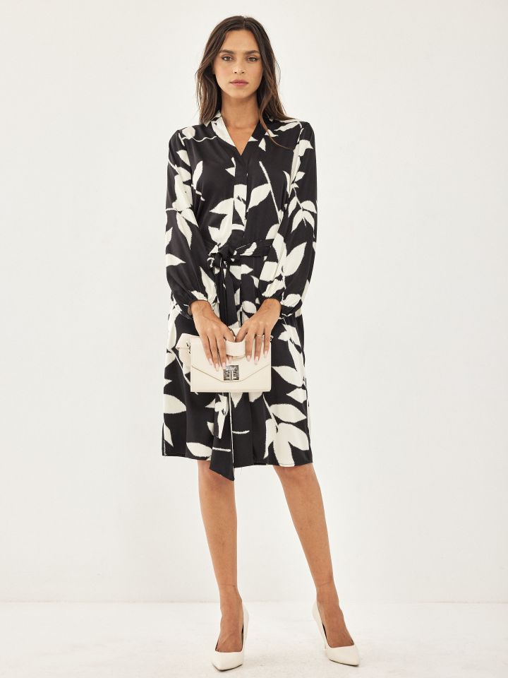 שמלה דפוס חגורה קשירה בצבע שחור