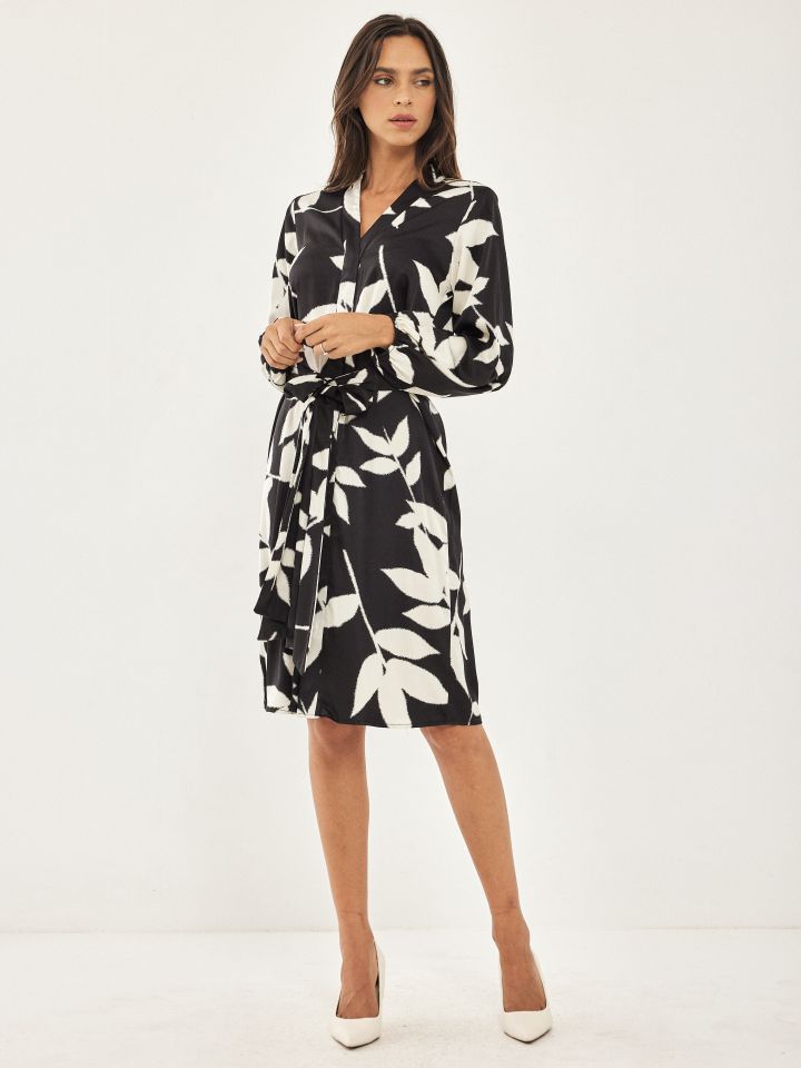 שמלה דפוס חגורה קשירה בצבע שחור