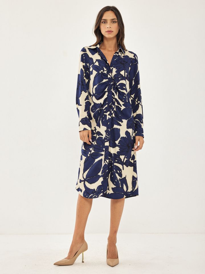 שמלה דפוס כיווצים PROMO בצבע נייבי