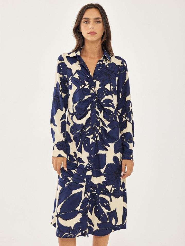 שמלה דפוס כיווצים PROMO בצבע נייבי