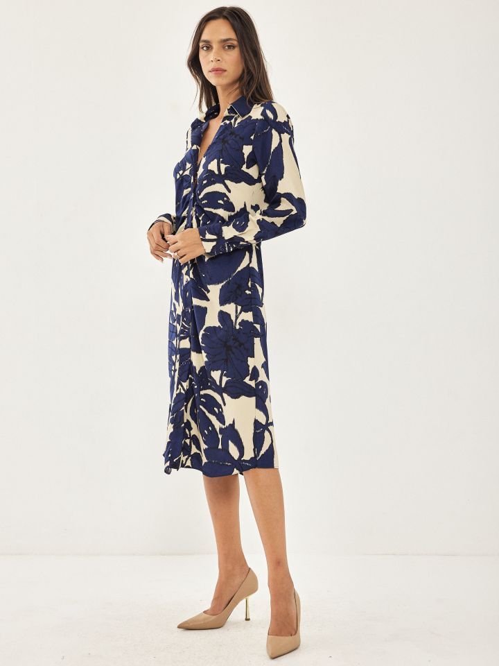 שמלה דפוס כיווצים PROMO בצבע נייבי