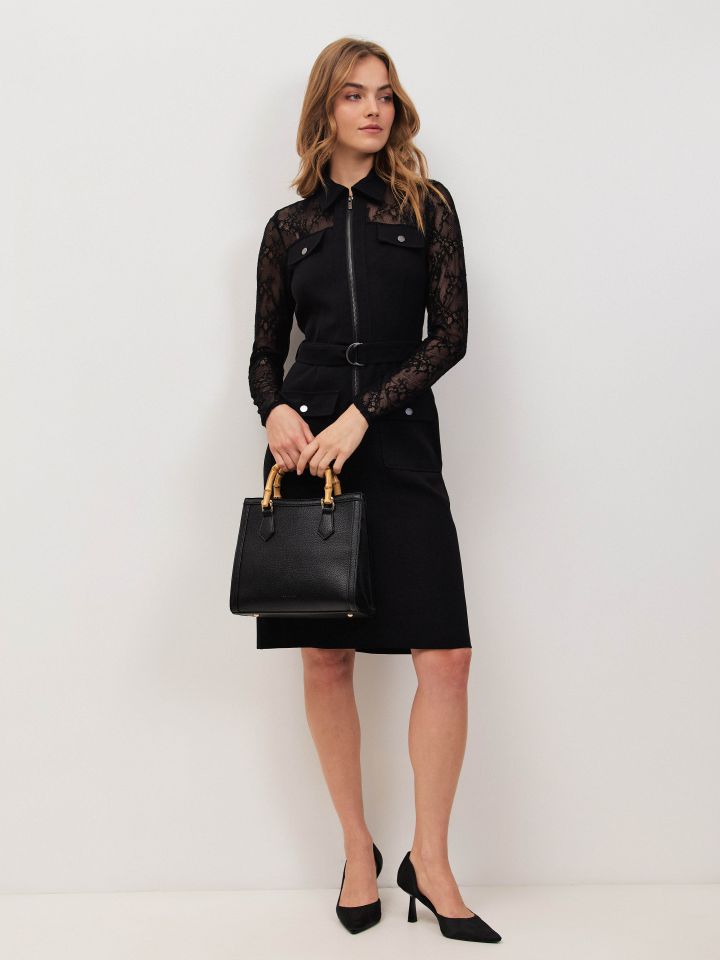 שמלה שילוב תחרה כיסים LIAT בצבע שחור