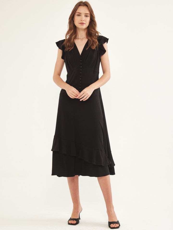 שמלה V מלמלות כפתורים בצבע שחור