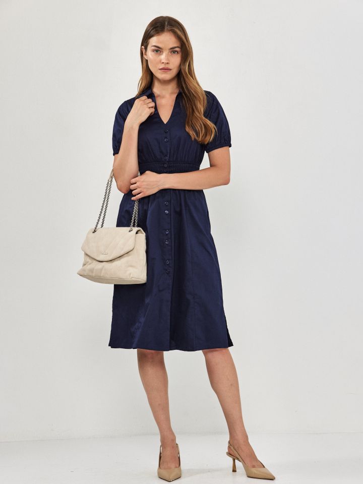 שמלה צוארון מכופתרת גומי מותן בצבע נייבי