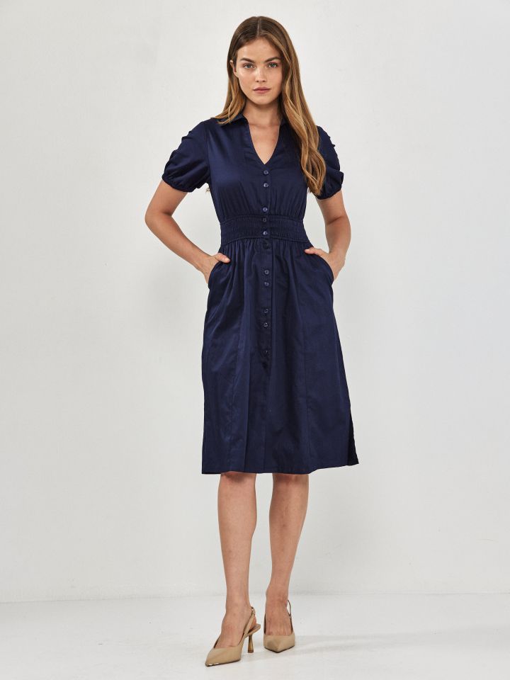 שמלה צוארון מכופתרת גומי מותן בצבע נייבי