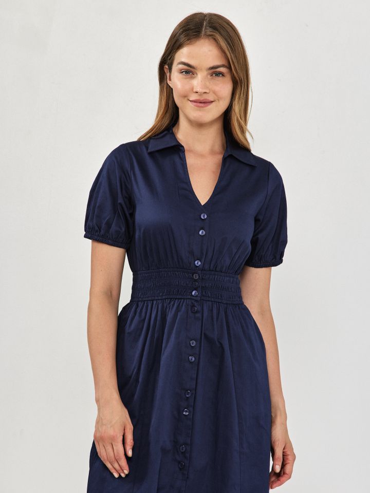 שמלה צוארון מכופתרת גומי מותן בצבע נייבי