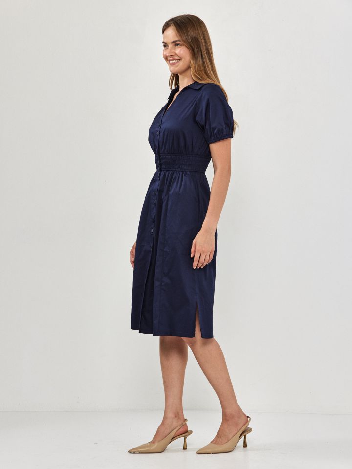 שמלה צוארון מכופתרת גומי מותן בצבע נייבי