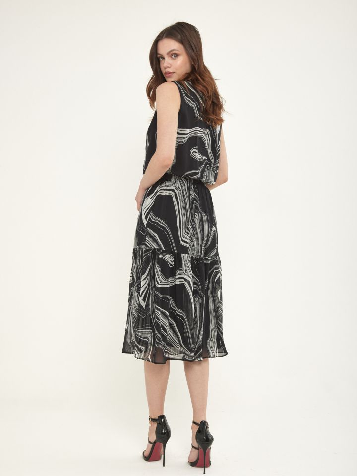 שמלה קשירה דפוס בצבע שחור/לבן