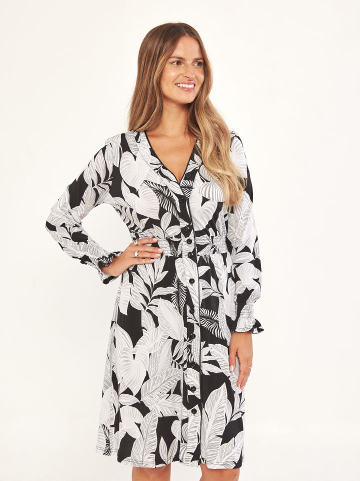 שמלה דפוס מכופתרת PROMO בצבע פרח לבן