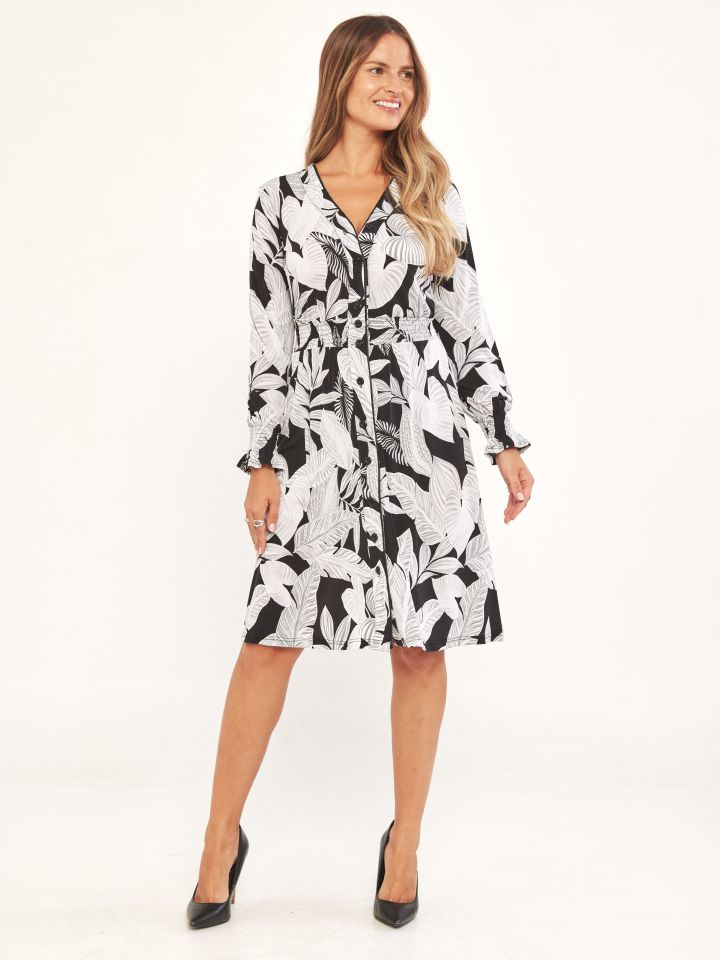 שמלה דפוס מכופתרת PROMO בצבע פרח לבן